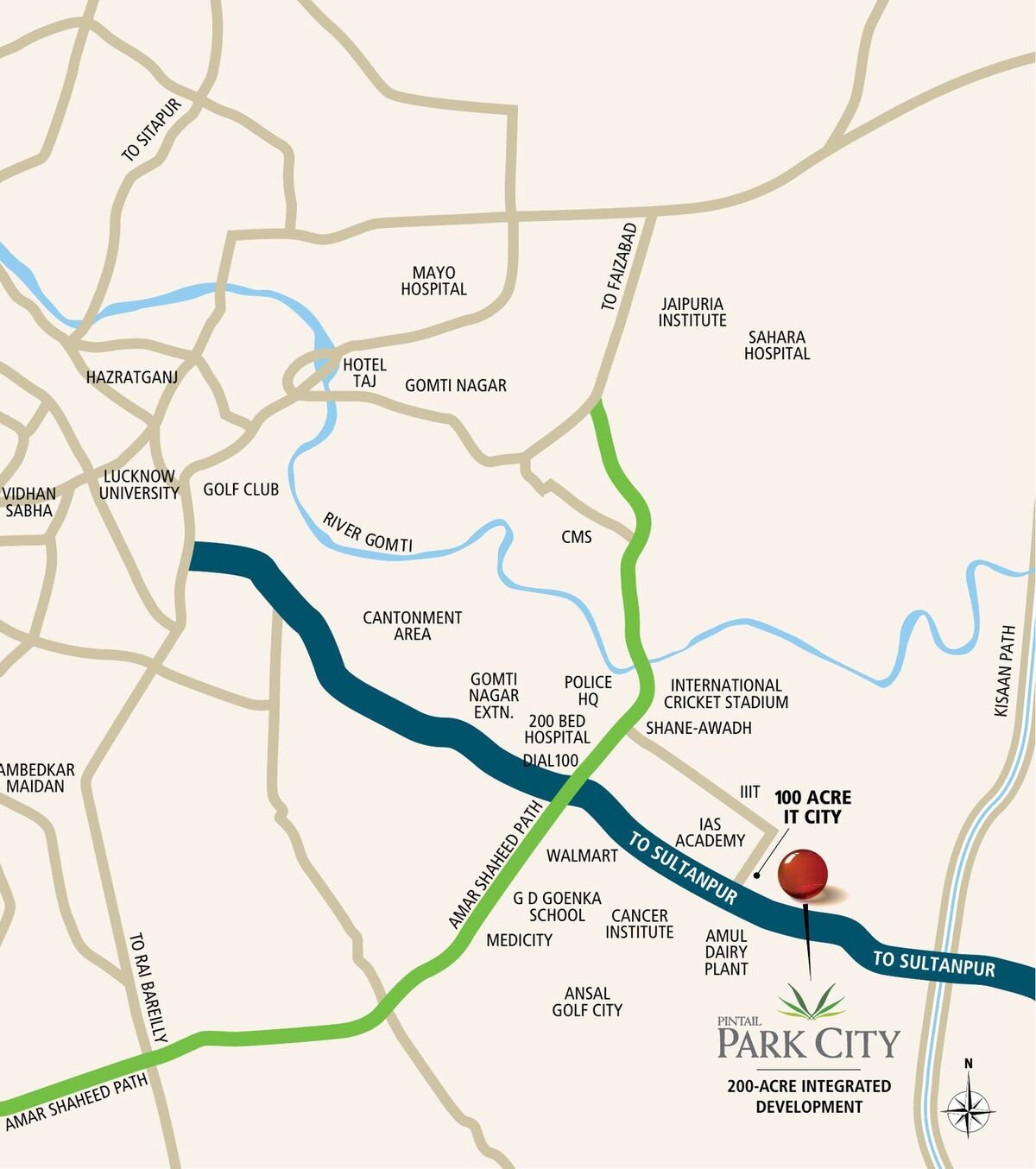 Vicinity map showing Pintail Park City on Sultanpur Road beside the 100-acre IT City and Amul Dairy Plant, with Amar Shaheed Path, Kisaan Path, Gomti Nagar, Hazratganj and Lucknow Airport
