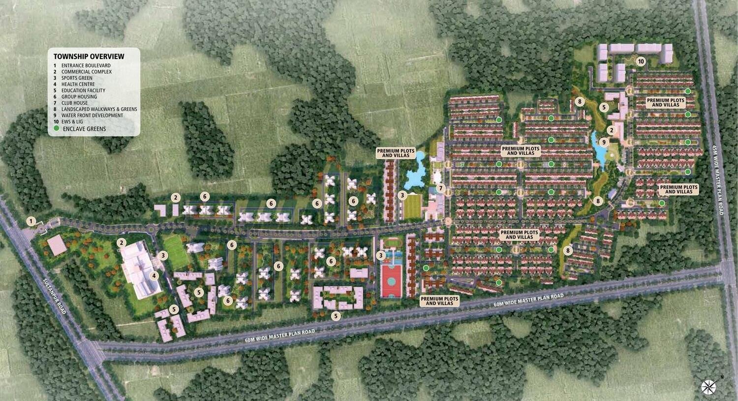 Township overview master plan of Pintail Park City showing entrance boulevard, commercial complex, sports green, health centre, education facility, group housing, club house, landscaped walkways, water front development and EWS and LIG enclave, with Sultanpur Road and the 60 metre wide master plan road
